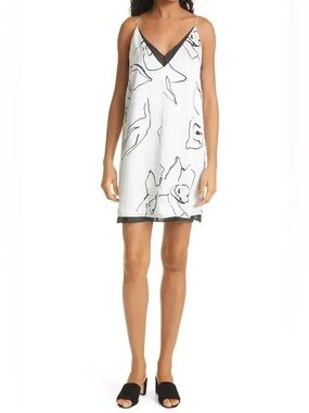 White Floral Slip 100% Silk Dress with Black Accents Club Monaco